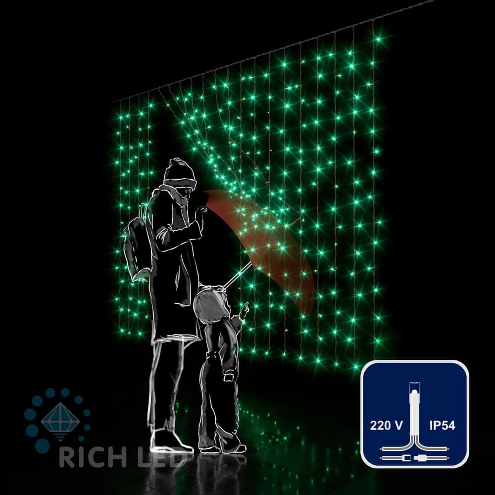 Светодиодный занавес облегчённый 2×1,5 м, 220 В, IP54, прозрачный провод, статика